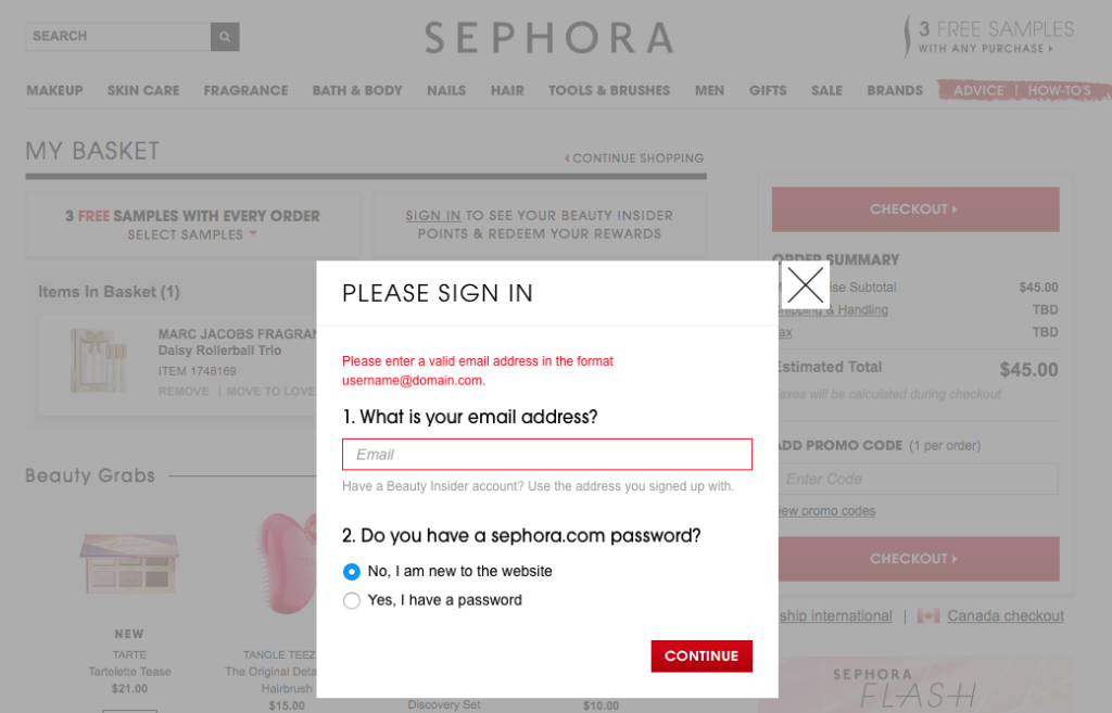 sephora ecommerce checkout page
