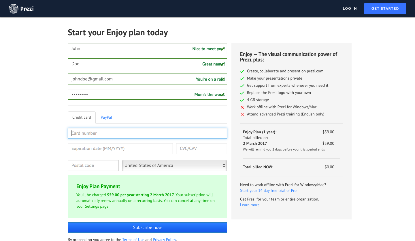 Prezi payment page design example