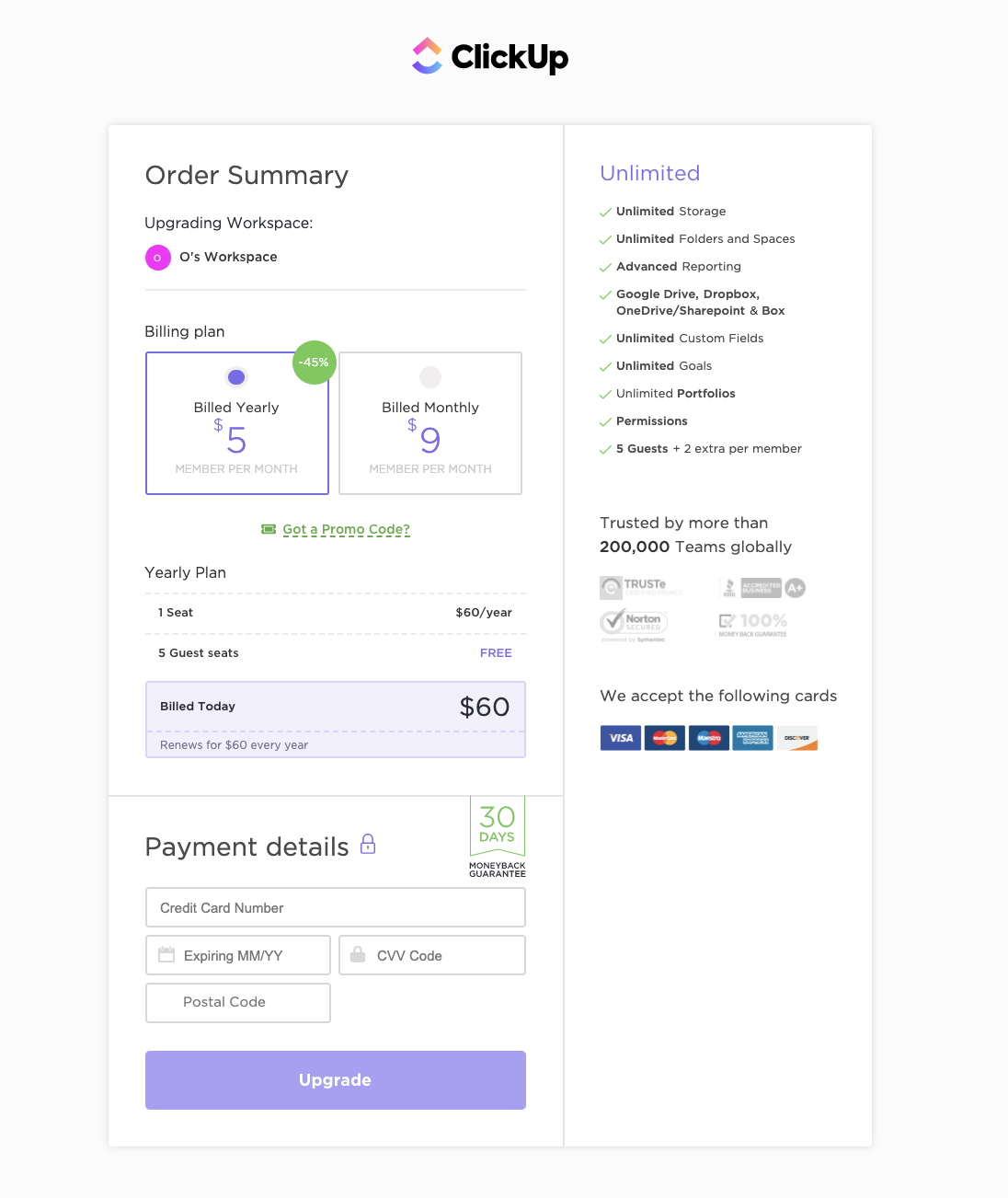 ClickUp payment page design example