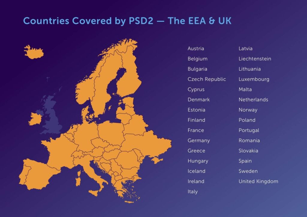 A geographic map showing the countries in the EU and in the UK covered by PSD2 regulations.